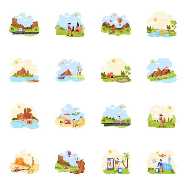 Conjunto de ilustrações planas desenhadas à mão para viagens