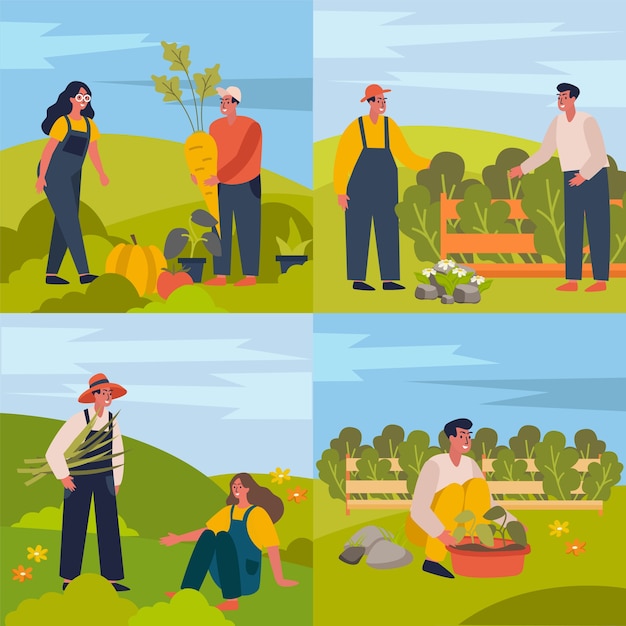 Conjunto de ilustrações quadradas de colheita de frutas planas desenhadas à mão