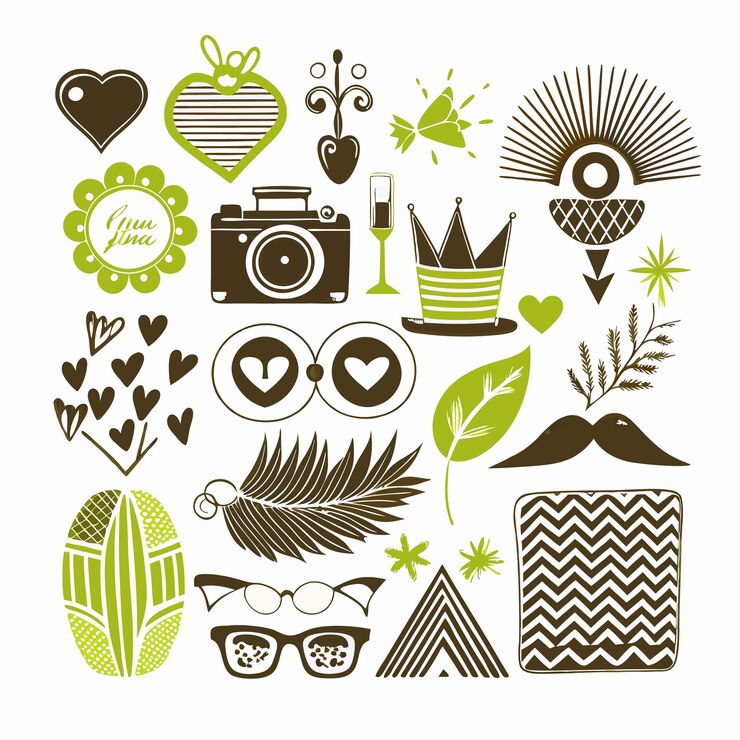 Vetor conjunto de ilustrações verdes e castanhas com corações câmera coroa copos folhas e mais