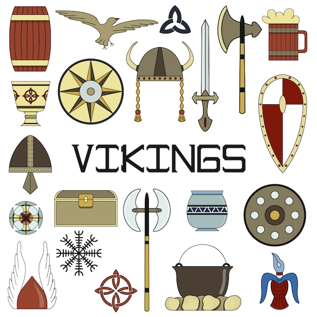 Conjunto de ilustrações vetoriais brilhantes para o design da vida de viking.