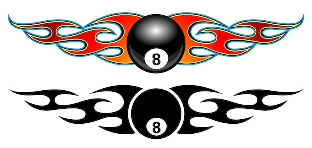 Conjunto de ilustrações vetoriais de 8 bolas e chamas de fogo Queimando 8 bolas de bilhar adesivo de carro gráfico e modelo de logotipo