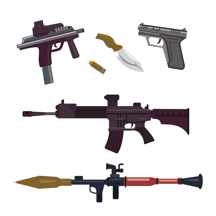 Vetor conjunto de ilustrações vetoriais de armas diferentes ou armas de fogo. coleção de rabiscos de desenho animado de equipamento militar, armas ou pistolas, rifle, faca, bala isolada no fundo branco. guerra, conceito de violência