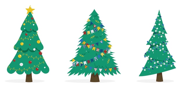 Conjunto de ilustrações vetoriais de árvores de Natal Três imagens de abetos em diferentes estilos
