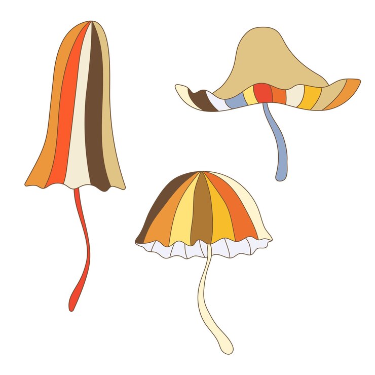 Vetor conjunto de ilustrações vetoriais de cogumelos em estilo groovy funny multicolor toadstools elementos retrô isolados com vibrações dos anos 70 é perfeito para adesivos impressões cartazes panfletos decoração de presente