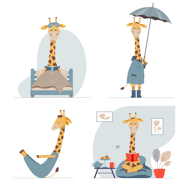 Conjunto de ilustrações vetoriais de crianças com girafas cartton engraçadas