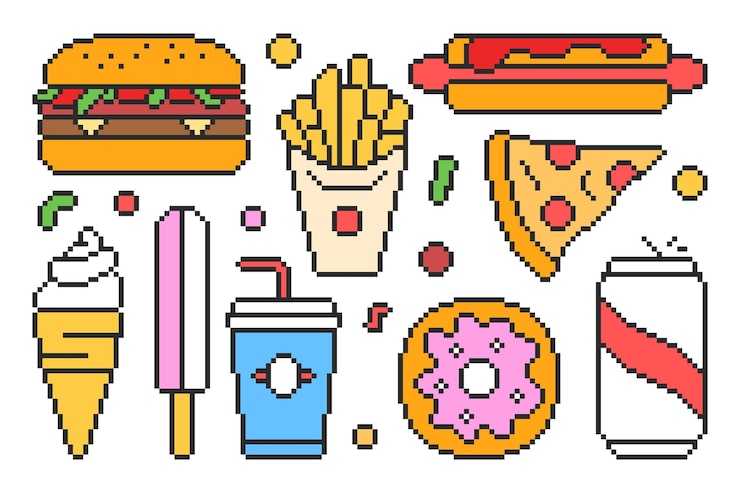 Vetor conjunto de ilustrações vetoriais de fast food em estilo pixel burger hot dog pizza gelado