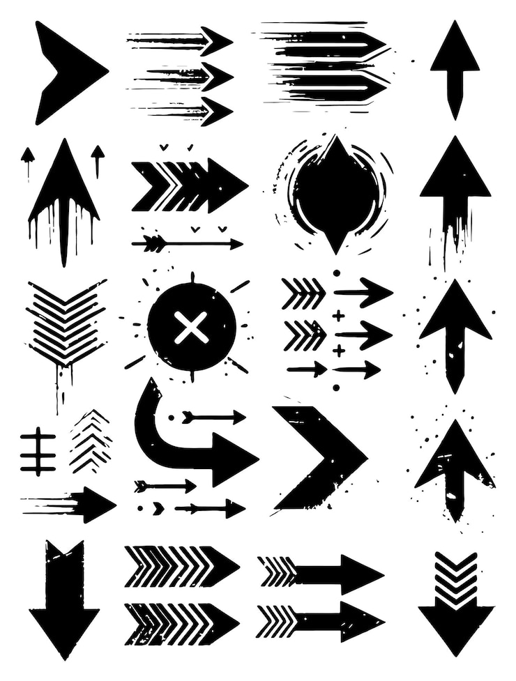 Vetor conjunto de ilustrações vetoriais de flecha grunge símbolo de flecha pincel pintura coleção