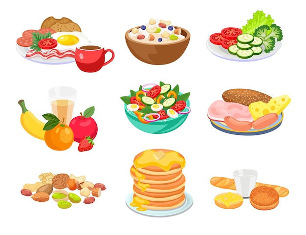 Conjunto de ilustrações vetoriais de idéias de pequeno-almoço ou almoço saudável. Pratos e tigelas com alimentos saudáveis, frutas, legumes e nozes, diferentes refeições, isoladas no fundo branco. Alimentos, conceito de culinária