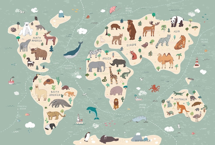 Vetor conjunto de ilustrações vetoriais de mapa-múndi de animais