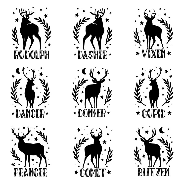 Conjunto de ilustrações vetoriais de nomes de renas de natal