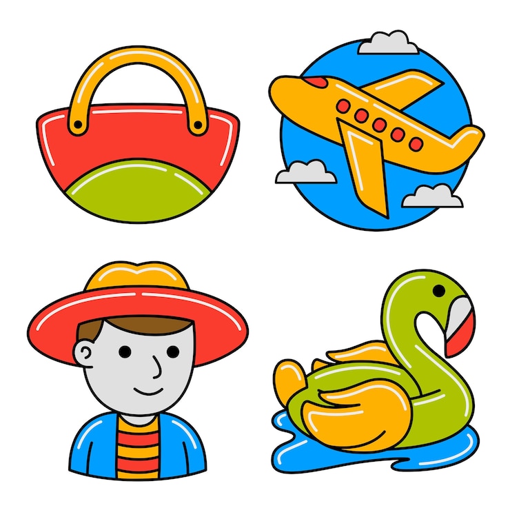 Vetor conjunto de ilustrações vetoriais de objetos de viagem de praia