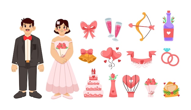 Conjunto de ilustrações vetoriais de personagens de casamento e ornamentos