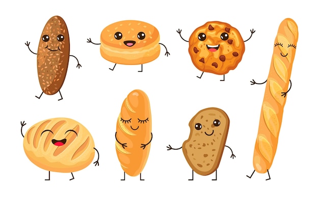 Conjunto de ilustrações vetoriais de personagens de desenhos animados de pão bonito. coleção de clipart de diferentes tipos de pão, baguete cômica engraçada, biscoitos isolados no fundo branco. comida, padaria, conceito de café da manhã