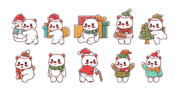 Vetor conjunto de ilustrações vetoriais de personagens de urso de natal