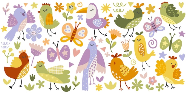 Conjunto de ilustrações vetoriais fofas de borboletas pássaros diferentes elementos decorativos