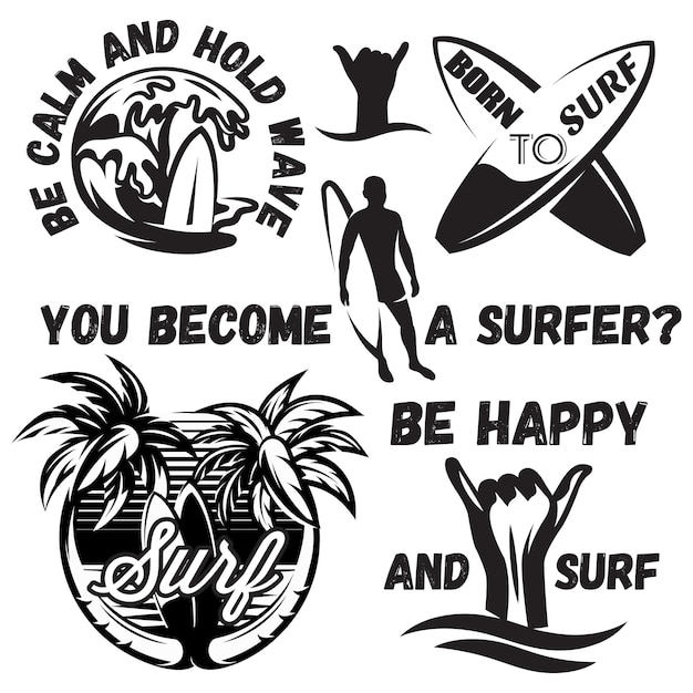 Vetor conjunto de ilustrações vetoriais monocromáticas com inscrições sobre o tema do surf