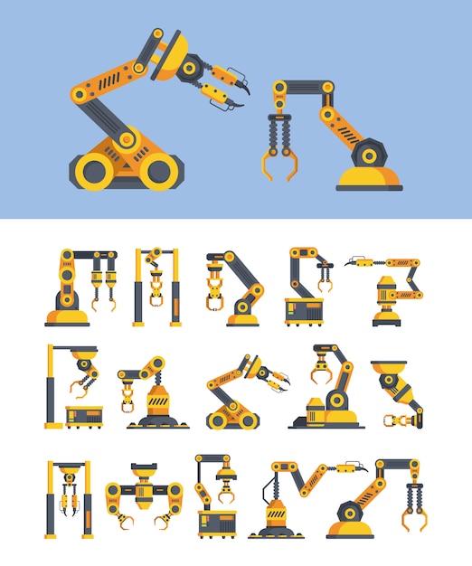 Conjunto de ilustrações vetoriais plana braços robóticos amarelos