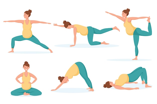Conjunto de ilustrações vetoriais poses para ioga pré-natal uma mulher grávida vai para esportes