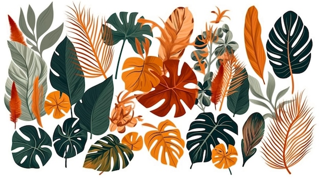 Conjunto de ilustrações vetoriais realistas de folhas e flores tropicais isoladas em fundo branco Coleção de plantas coloridas altamente detalhadas Elementos botânicos para cosméticos produtos de cuidados de beleza de spa