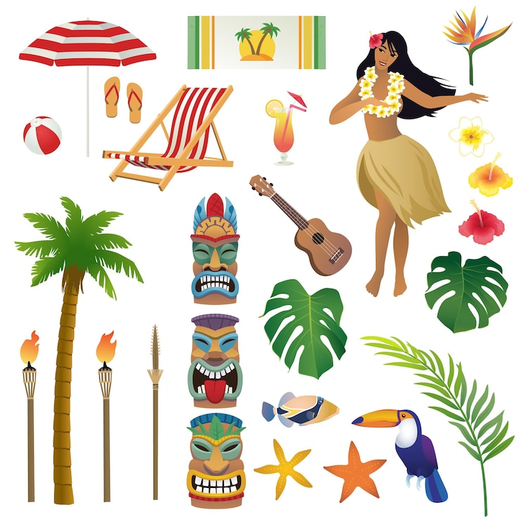 Vetor conjunto de ilustrações vetoriais realistas sobre tema tropical havaiano