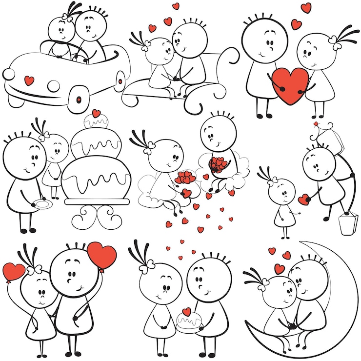 Vetor conjunto de imagens de doodle de um casal com corações
