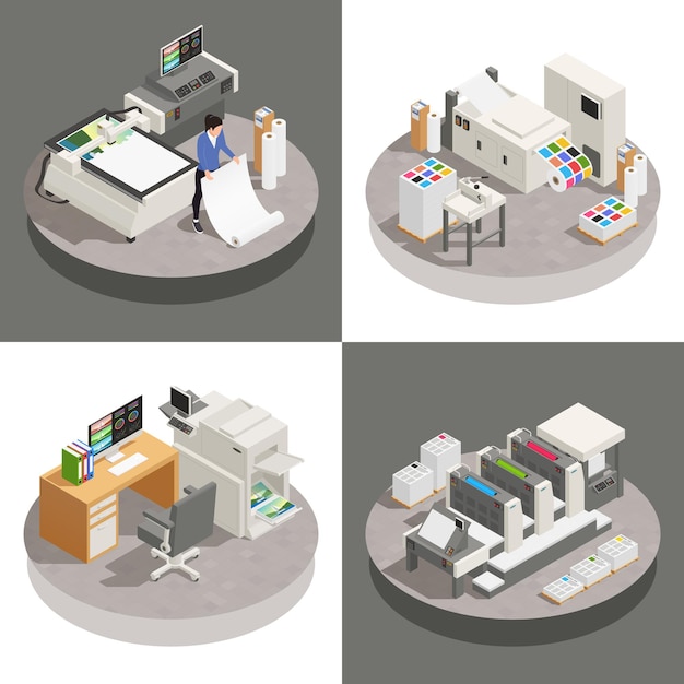 Conjunto de impressão de composições quadradas com imagens isométricas de locais de trabalho com ilustração de estações de trabalho eletrônicas