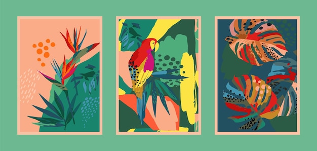 Conjunto de impressões de arte com natureza tropical abstrata design vetorial moderno para embalagens de capa de cartões de cartazes e outros