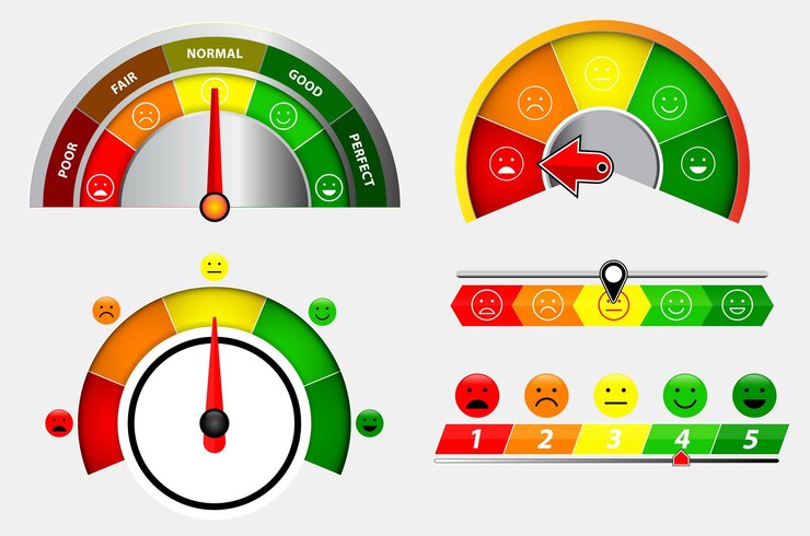 Vetor conjunto de indicadores de pontuação ou nível de medidor de classificação ou conceito de indicador de medidor de velocímetro