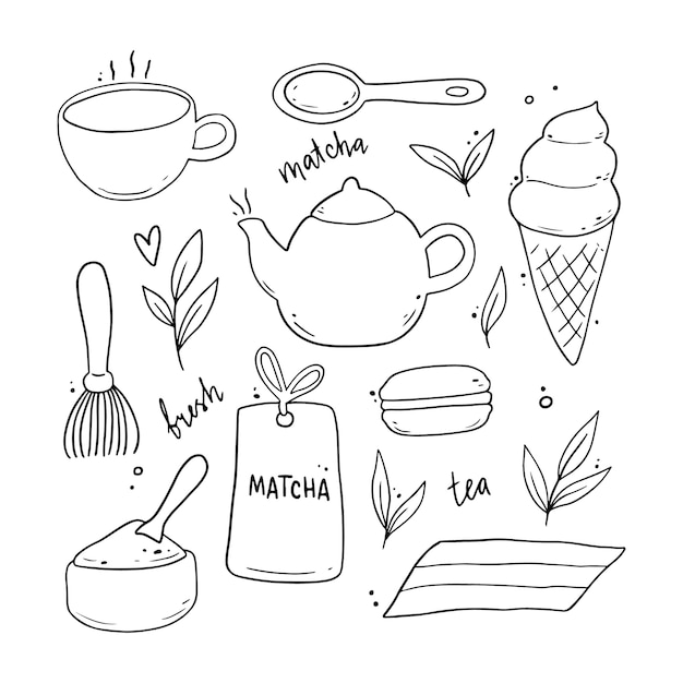 Conjunto de ingrediente de chá matcha desenhado à mão e elementos de cerimônia tradicional, xícara, colher, folha matcha. ilustração do estilo do esboço do doodle.