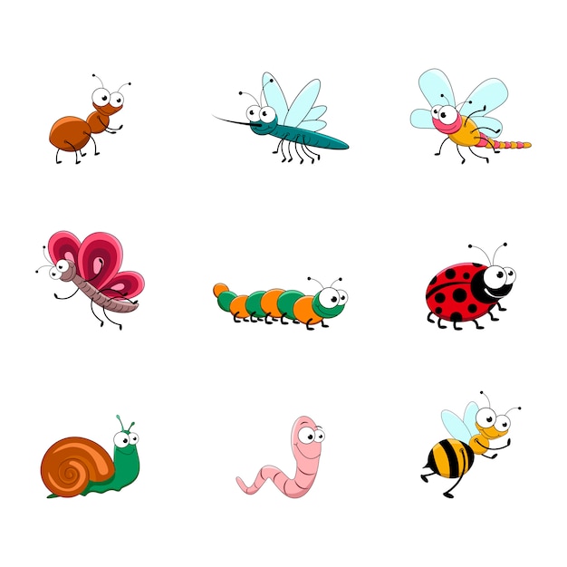 Vetor conjunto de insetos bonito dos desenhos animados.