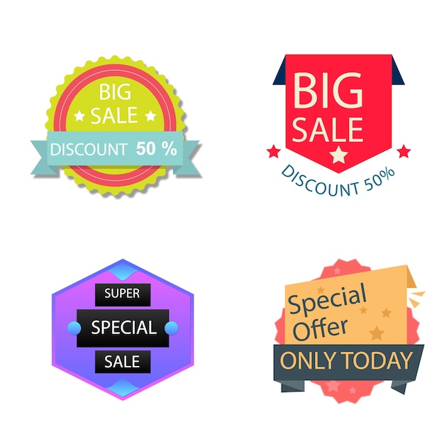 Conjunto de insígnias de venda Etiquetas e rótulos de qualidade de venda Modelo de banner de compras Insígnia de oferta especial sa