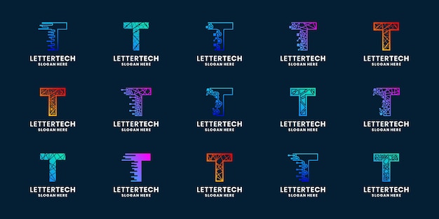 Conjunto de inspiração de design de logotipo de tecnologia moderna letra t com cor gradiente