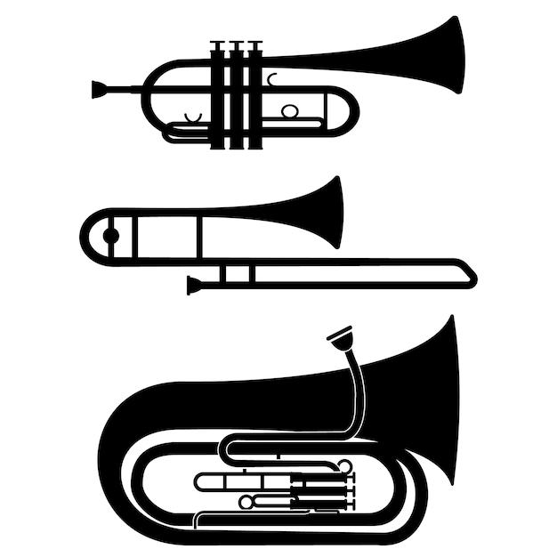 Conjunto de instrumentos de sopro musicais trompete trombone tuba, ilustração em vetor estêncil preto isolado.