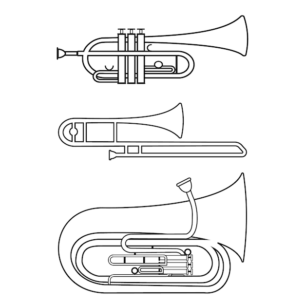 Conjunto de instrumentos de sopro musicais trompete trombone tuba, ilustração vetorial contorno preto isolado.