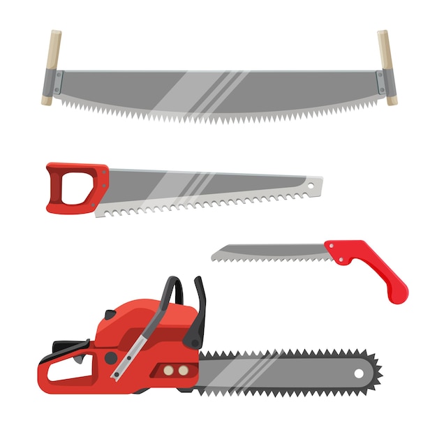 Vetor conjunto de instrumentos do axeman. serra elétrica a gasolina, forma de onda dente de serra com lâmina dentada e cabo vermelho isolado. ilustração realista da coleção de serras manuais. ferramentas de carpintaria para serrar produtos de madeira