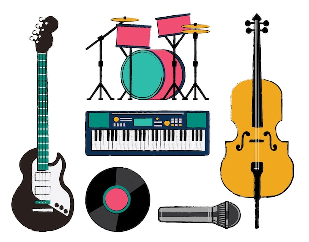 Conjunto de instrumentos musicais de banda ilustrador plano vetor grátis