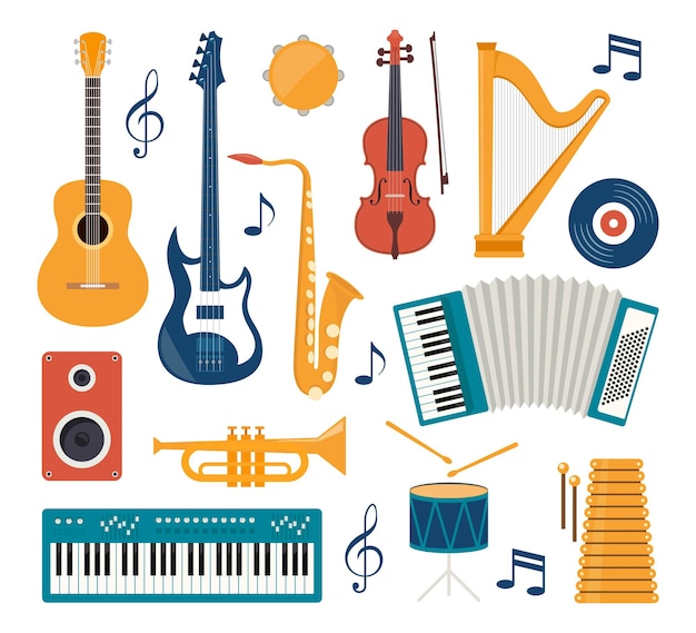 Conjunto de instrumentos musicais de design plano de ícones Sintetizador de guitarra violino violoncelo tambor pratos saxofone acordeão pandeiro trompete harpa alto-falante