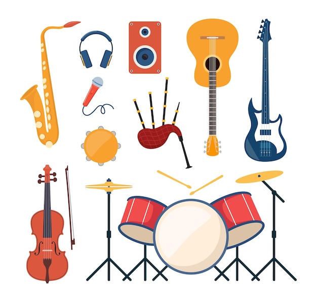 Conjunto de instrumentos musicais de ícones Sintetizador de guitarra violino violoncelo tambor pratos saxofone acordeão
