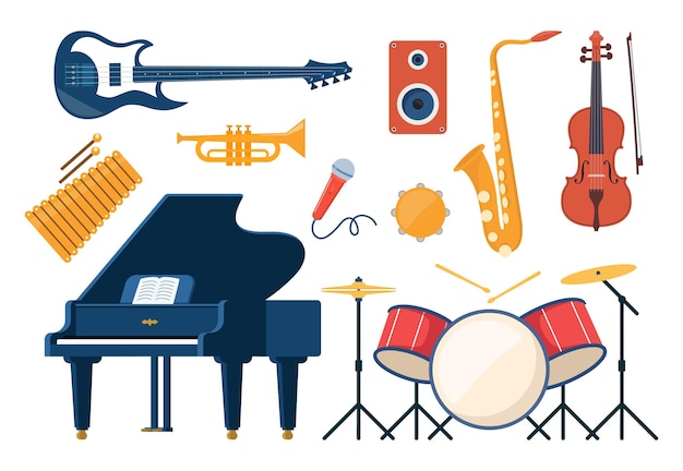 Conjunto de instrumentos musicais de ícones Sintetizador de guitarra violino violoncelo tambor pratos saxofone acordeão