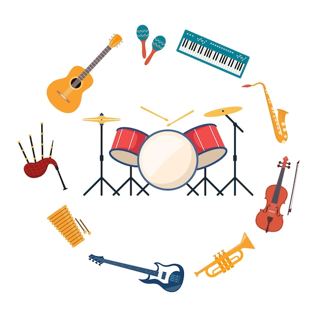 Conjunto de instrumentos musicais de ícones Sintetizador de guitarra violino violoncelo tambor pratos saxofone