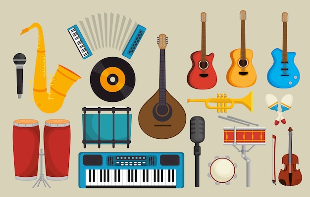 conjunto de instrumentos musicais ícones