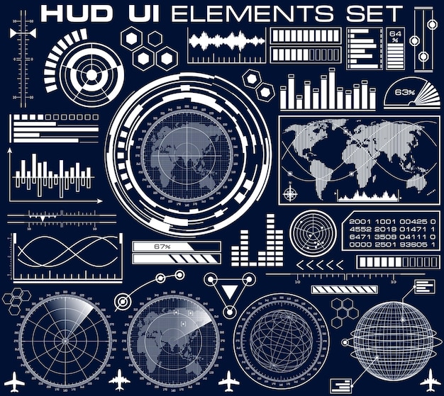 Conjunto de interface de usuário gráfica futurista HUD. Elementos de interface do usuário de design infográfico e telas de radar. Ilustração em vetor display head up.