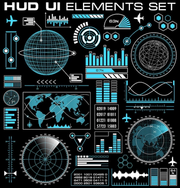 Conjunto de interface de usuário gráfica futurista hud. elementos de interface do usuário de design infográfico e telas de radar. ilustração vetorial.