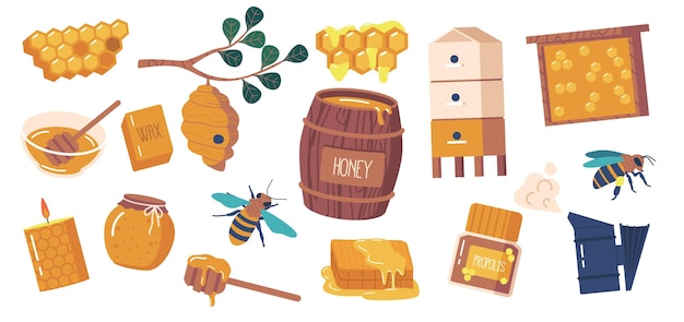 Conjunto de itens de apiário colmeia fumante colmeia de mel abelhas rainhas e cera de abelha moldura de vela pentes de barril de madeira