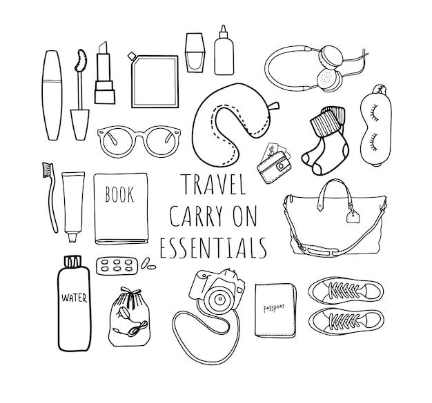 Conjunto de itens de férias de viagem isolados no doodle de fundo branco