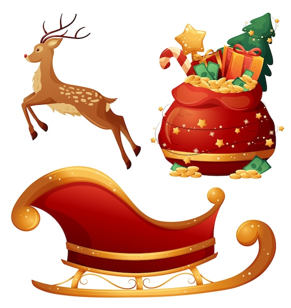 Conjunto de itens de presente de Natal com renas e trenó de saco de Papai Noel