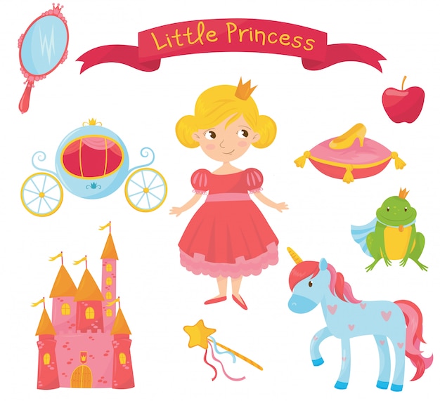 Conjunto de itens de princesa. garota de vestido, lidar com espelho, carruagem, maçã, príncipe sapo, sapato no travesseiro, castelo, varinha mágica, unicórnio. design plano colorido