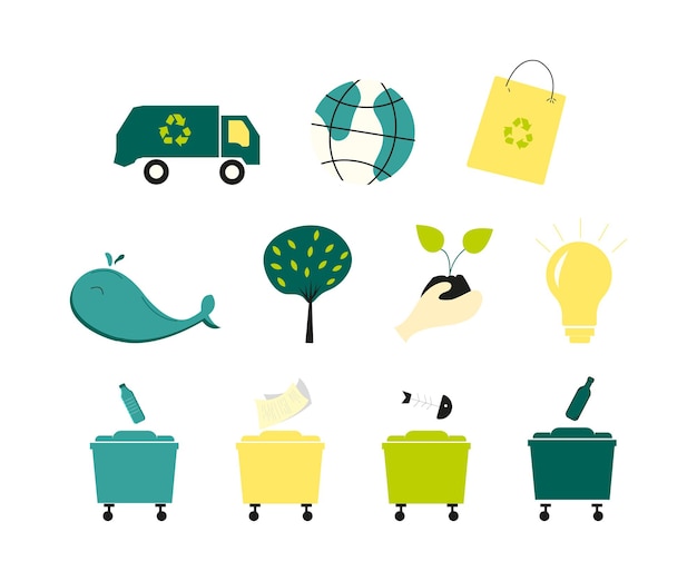 Conjunto de itens de reciclagem - caminhão de lixo, saco de papel, árvore, planta, lâmpada, latas de lixo, baleia.