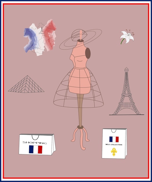 Vetor conjunto de itens diversos moda francesa desenho de manequim conceito de ateliê de moda