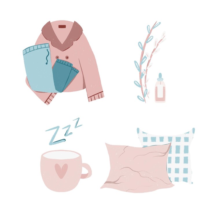 Vetor conjunto de itens para melhor dormir óleo de travesseiros de chá de pijama conceitos de sono de relaxamento